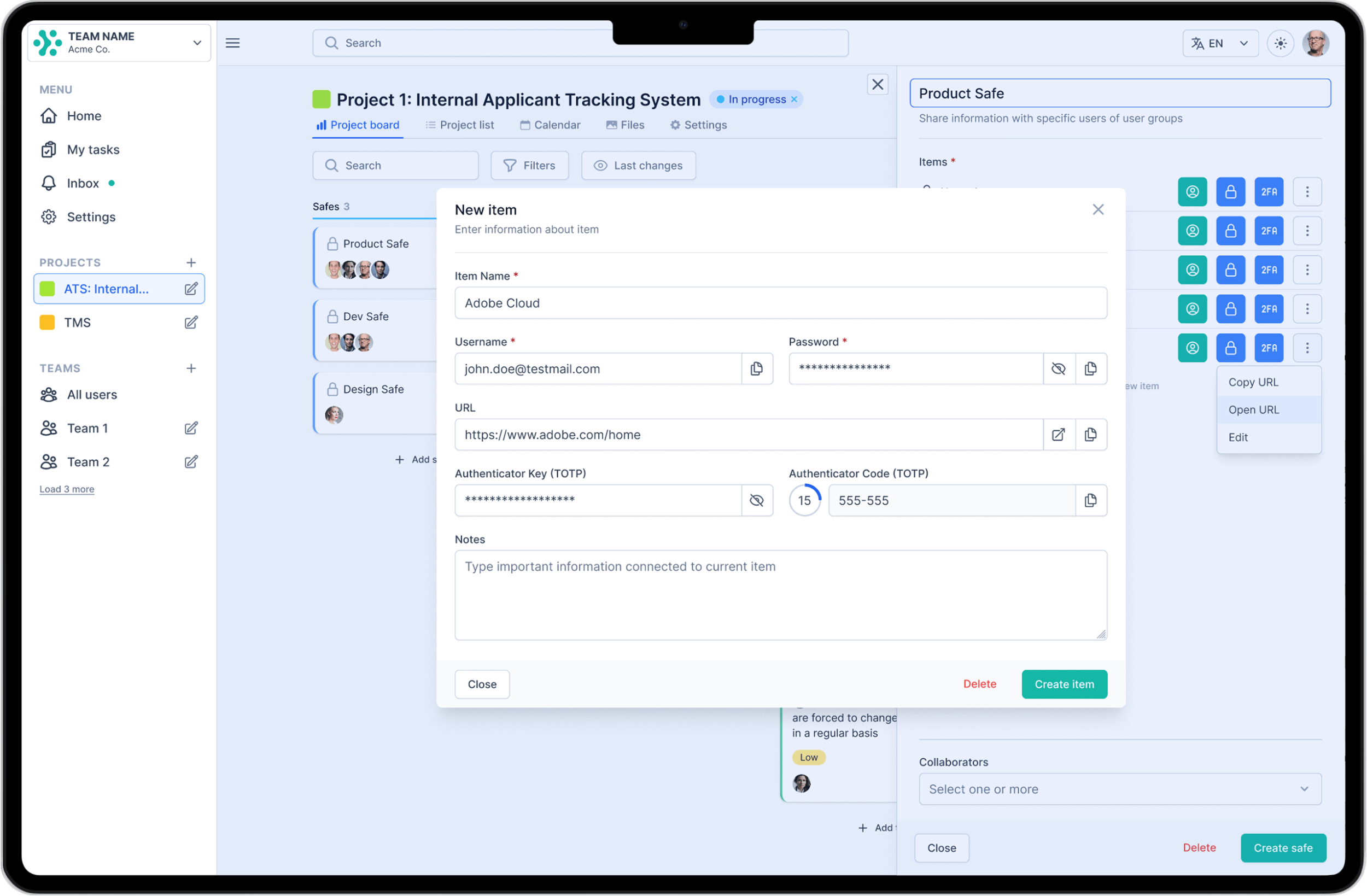 Projectlify create new safe item page