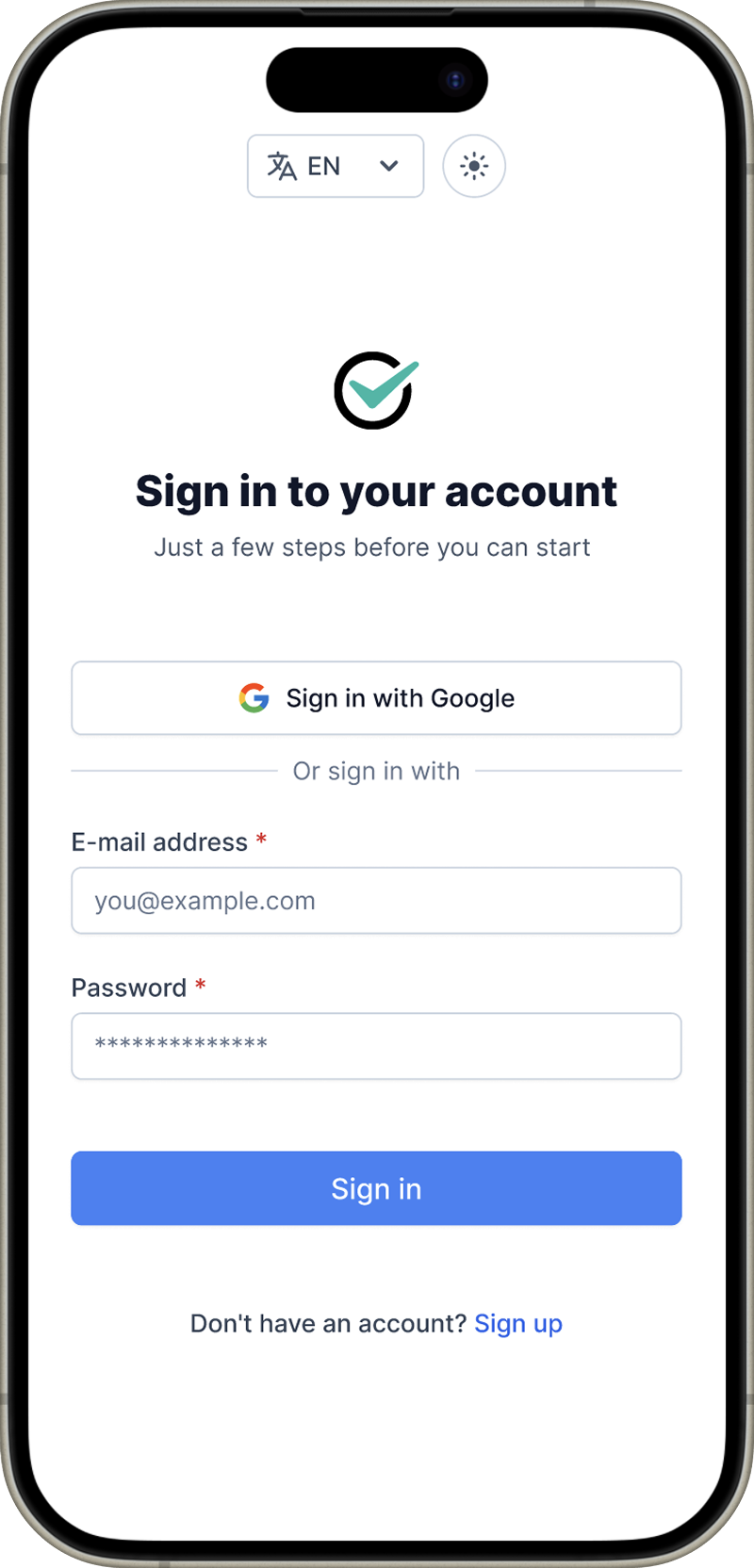 Projectlify mobile login page