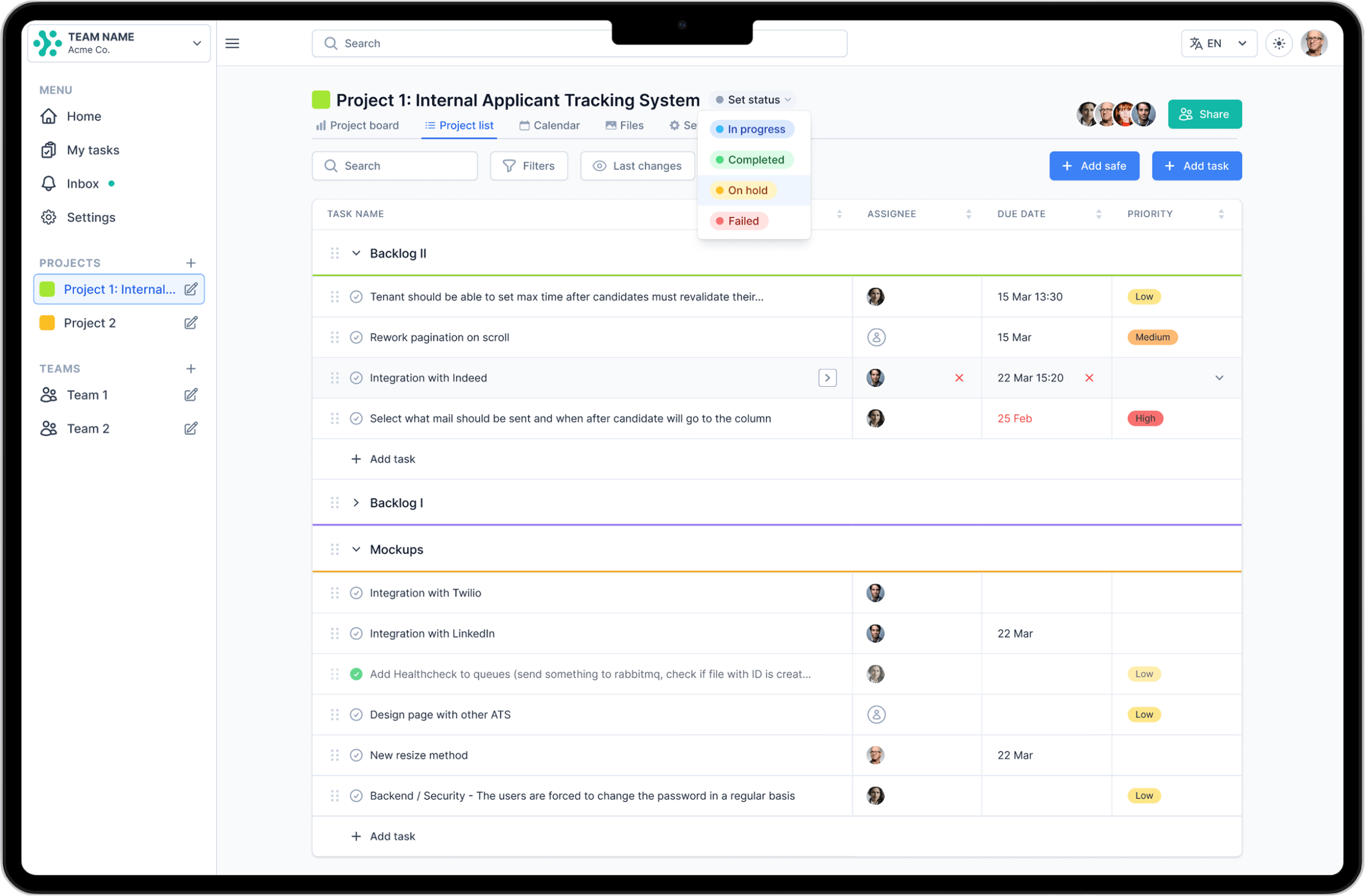 Projectlify project list view screen