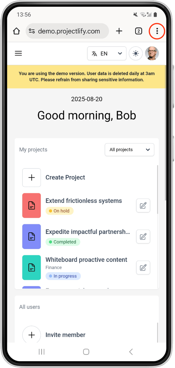 Mobile screenshot of the Projectlify website on a phone with the 3 dots button in the top right highlighted.