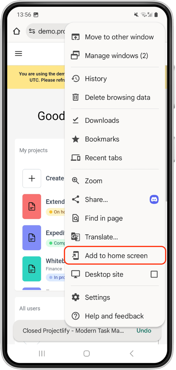 Expanded chrome settings menu with 'Add to home screen' button highlighted.