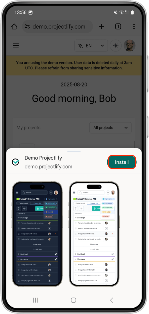Android add to home screen view with the Projectlify app and the 'install' button highlighted