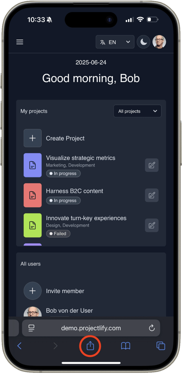 Mobile screenshot of the Projectlify website on the iphone with the share button in the center at the bottom highlighted.