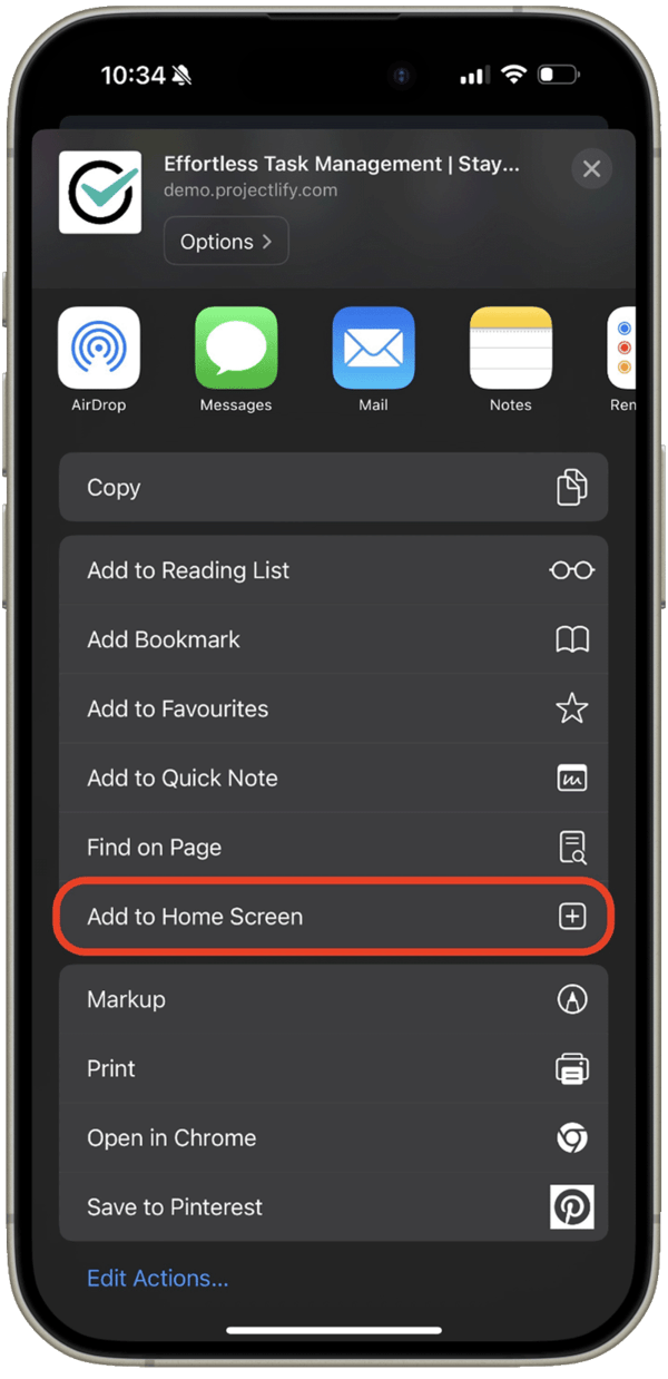 Expanded iphone share menu with 'Add to home screen' button highlighted.