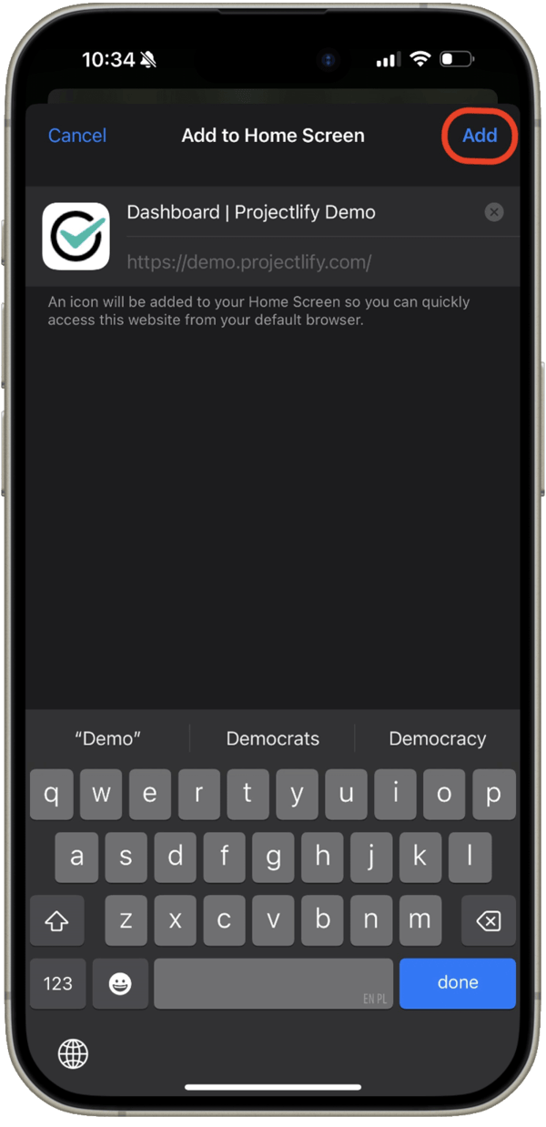 Iphone add to home screen view with the Projectlify app and the 'add' button highlighted